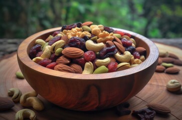 Mixed nuts served in a wooden bowl (Almonds, Pistachio, Cashew nut, Cranberries, BlackBerry, Peanuts)