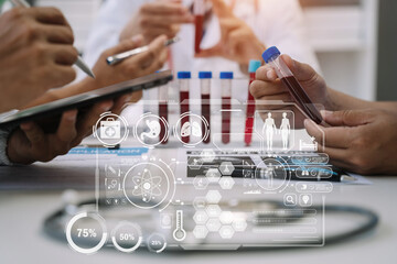 Medical team working on digital tablet healthcare doctor technology tablet using computer analyzed the results of medical reports at the hospital.