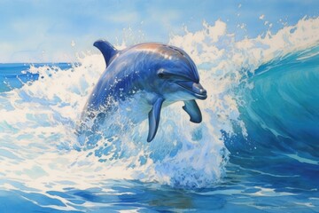 fluidity and unpredictability of watercolors by creating a dynamic and energetic dolphin print. bold brushstrokes and splashes of color to depict the dolphin movement and power