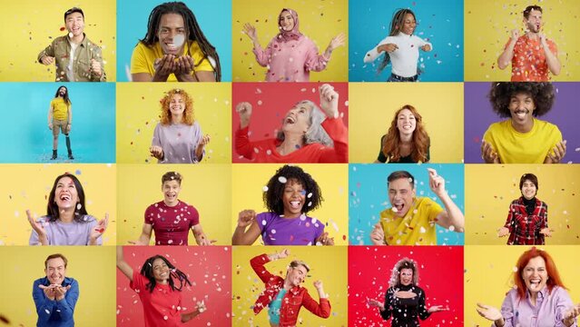 Mosaic of happy people surrounded by confetti in the air