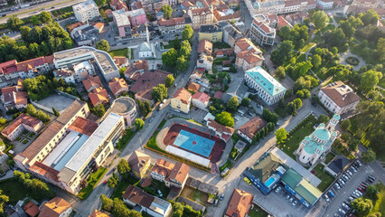 Tuzla, Bosnia and Herzegovina, aerial drone view. Buildings, streets and residential houses. Tuzla...