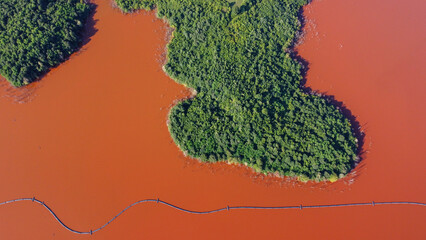Red lake and green forest. Tailing pond. Polluted lake in nature. Environmental impact of...