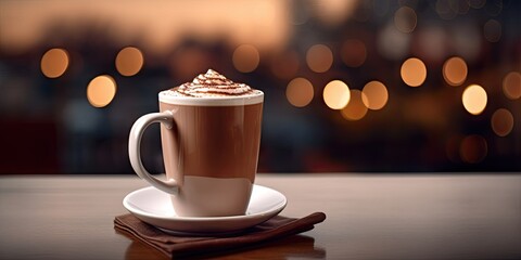 Close up of hot drink with chocolate on wooden table with copy space