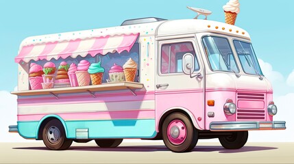 Summer Delights on Wheels: Colorful Ice Cream Truck with Delicious Treats and Refreshing Ice for Sale: Generative AI