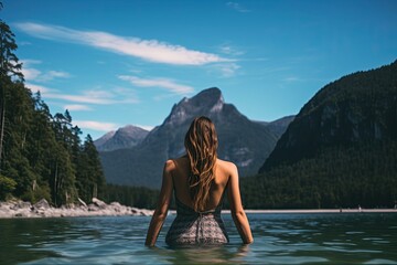 Unplug and Reconnect with Nature: Young Woman Enjoying Summer Landscape of Mountains, Water and Rocks. Generative AI