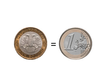 One coin of the Bank of Russia with a face value of 100 rubles is equal to one Euro. Bimetallic coins.