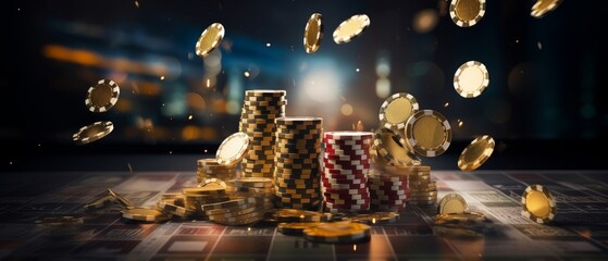 Dynamic casino background with gold coins in a bright and energetic atmosphere. Generative AI