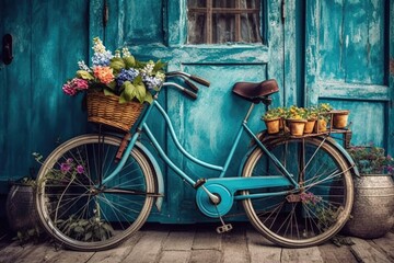 Fototapeta na wymiar Blue bicycle in room with flowers in basket. Generative ai