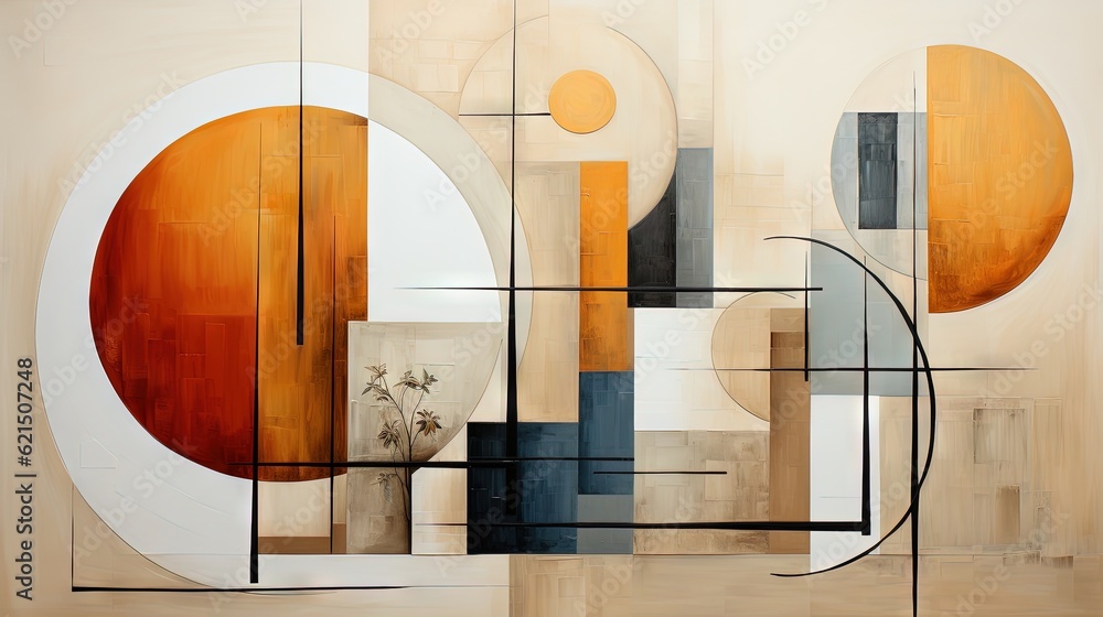 Poster a painting on a wall with a vase of flowers in it the painting is composed of various shapes and col
