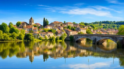 Fototapeta na wymiar Panoramic View of Bergerac: Exploring the Picturesque Town Overlooking the Dordogne River in Aquitaine, France: Generative AI