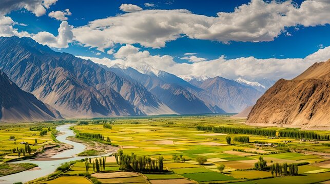 Panoramic View of Ladakh's Indus Valley in the Himalayas, India: A Picturesque Himalayan Landscape. Generative AI