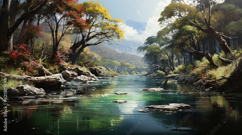 Poster a painting of a river running through a forest filled with trees. generative ai