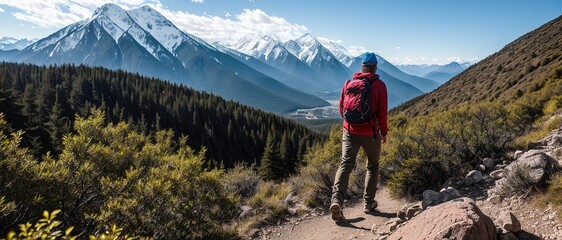Obraz premium Hiking on a beautiful sunny summer day. Scenic panoramic landscape, generative ai.