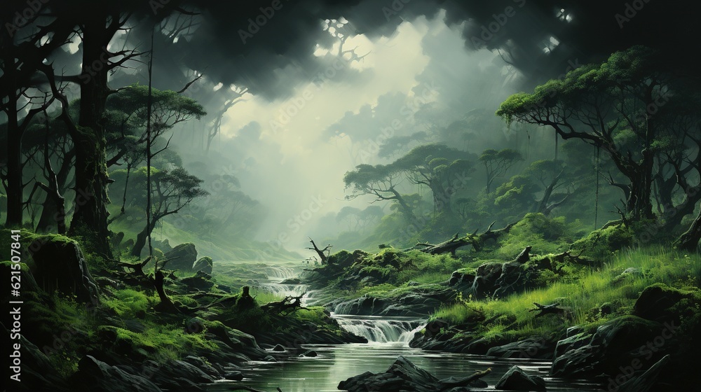 Poster a painting of a stream running through a lush green forest. generative ai