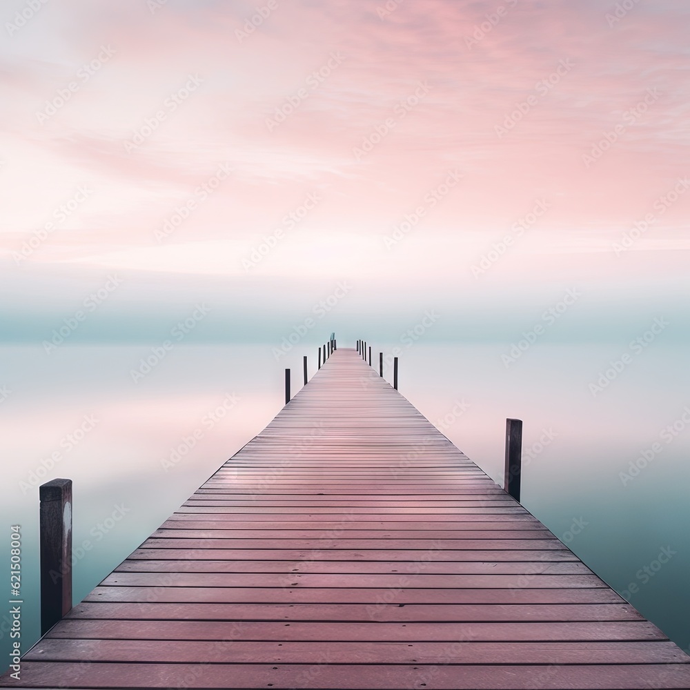 Poster a long dock extending into a body of water at dusk. generative ai