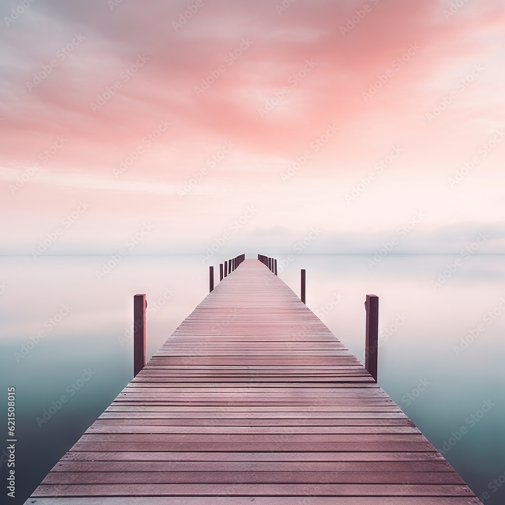 Poster a long dock extending into the water with a pink sky in the background. generative ai