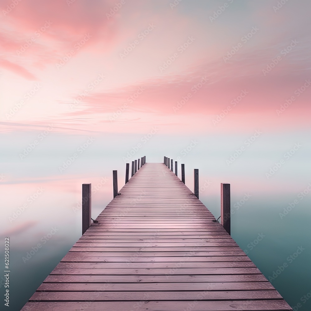 Poster a long dock extending into the water with a pink sky in the background. generative ai