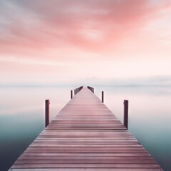Fototapeta na wymiar a long dock extending into the water with a pink sky in the background. generative ai