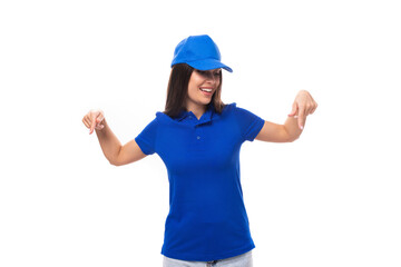 slim young brunette woman in blue cap and t-shirt