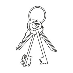 A bunch of four keys for mortise and padlocks on a white background.
