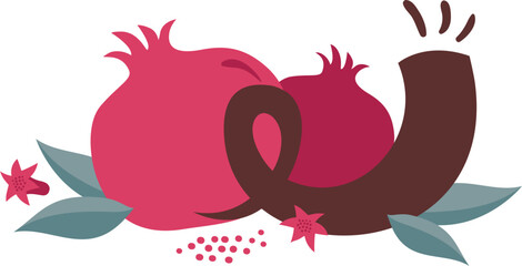 Fototapeta premium pomegranate and Jewish horn, shofar. Rosh Hashanah, Jewish New Year.