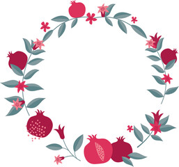 pomegranate frame with leaves and flowers. Rosh Hashanah , Jewish new year holiday