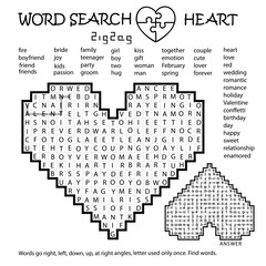 Fototapeta premium Zigzag Word Search Crossword. Heart. Love. Words go right, left, down, up, at right angles, letter used only once. Black, white educational activity page. Worksheet. Game for kids, adults