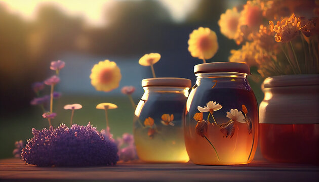 Beautiful jars of honey and flowers on the table. Cute bees flying around. Cozy summer day in the garden. Golden hour lightning nature background Ai generated image