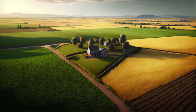  Beautiful landscape with aerial view on sunny agricultural crop fields Ai generated image