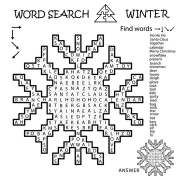 Word Search Crossword Puzzle. Snowflake. Winter. Find the listed words in the puzzle and cross them out. Printable black and white educational activity page. Worksheet. Game for kids, adults