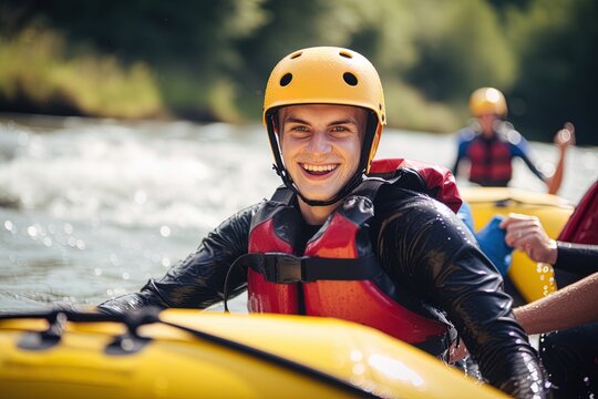 Young man rafting on a mountain river