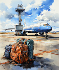 suitcase at the airport in watercolor painted