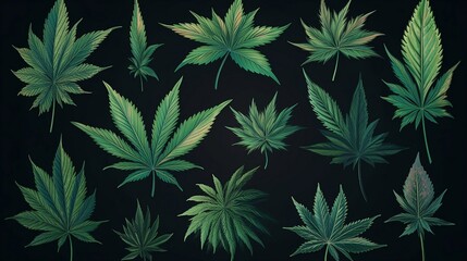 The design features a dark background with glossy, metallic, and neon elements, along with repeated patterns of marijuana leaves and cannabis for a high-contrast look. Generative AI