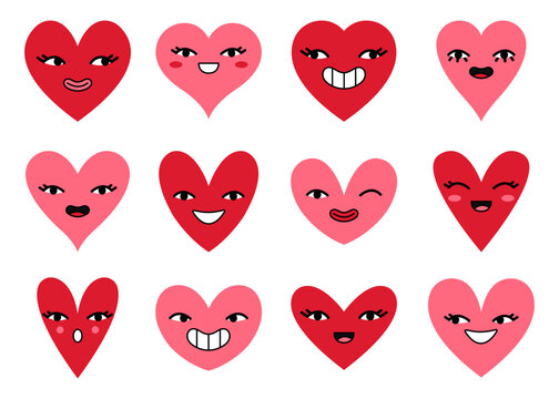 Hand drawn heart characters with funny faces emoticon. Valentine day symbol.