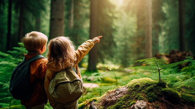 Two young children are pointing towards something in the forest.