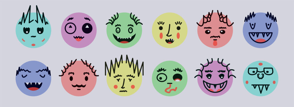 Abstract smile face icons. Cartoon round emoji avatars. Emoticon character set. Funny doodle isolated vector elements. Sad, angry, exhausted, shocked, confused faces.