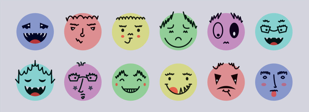 Abstract smile face icons. Cartoon round emoji avatars. Emoticon character set. Funny doodle isolated vector elements. Sad, angry, exhausted, shocked, confused faces.