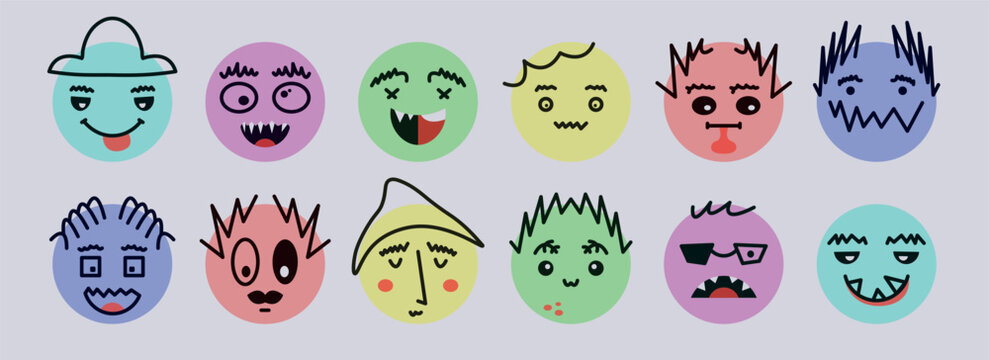 Abstract smile face icons. Cartoon round emoji avatars. Emoticon character set. Funny doodle isolated vector elements. Sad, angry, exhausted, shocked, confused faces.