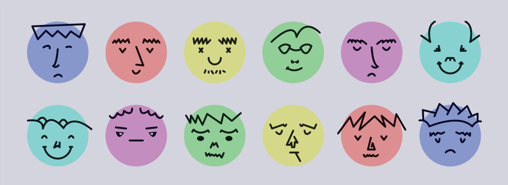 Abstract smile face icons. Cartoon round emoji avatars. Emoticon character set. Funny doodle isolated vector elements. Sad, angry, exhausted, shocked, confused faces.