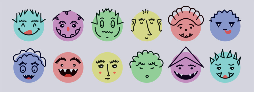 Abstract smile face icons. Cartoon round emoji avatars. Emoticon character set. Funny doodle isolated vector elements. Sad, angry, exhausted, shocked, confused faces.