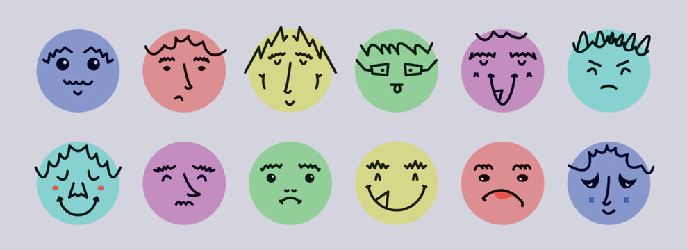 Abstract smile face icons. Cartoon round emoji avatars. Emoticon character set. Funny doodle isolated vector elements. Sad, angry, exhausted, shocked, confused faces.