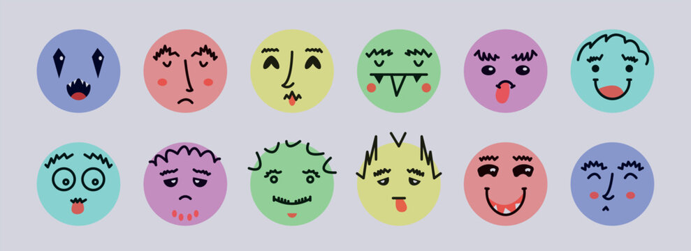 Abstract smile face icons. Cartoon round emoji avatars. Emoticon character set. Funny doodle isolated vector elements. Sad, angry, exhausted, shocked, confused faces.