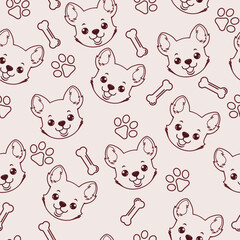 Seamless vector pattern with cute puppy faces with paws and bones. A light delicate pattern with a hand-drawn pattern would be great for children's products. 