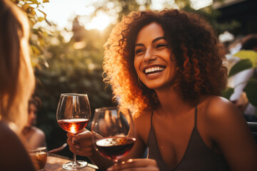 several women enjoying wine from glasses. shady garden visible in the background. atmosphere of coziness and friendly company, symbolizing communication, relaxation, and pleasure