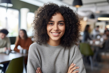 attractive African woman smiling in a cafe. symbolizes beauty, elegance, comfort, and enjoyment