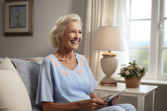 smiling older woman using a mobile tablet in living room. modern technology and comfortable for elderly people.