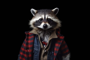 Obraz premium raccoon wearing a scarf and a vest. refinement and style. adorned with a vibrant scarf and a fashionable vest, attire gives it a contemporary and elegant look