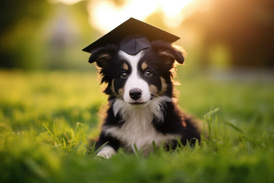 puppy wearing a graduation cap, sitting. cuteness and joy combined with achievement and a special occasion. end of the academic year, success