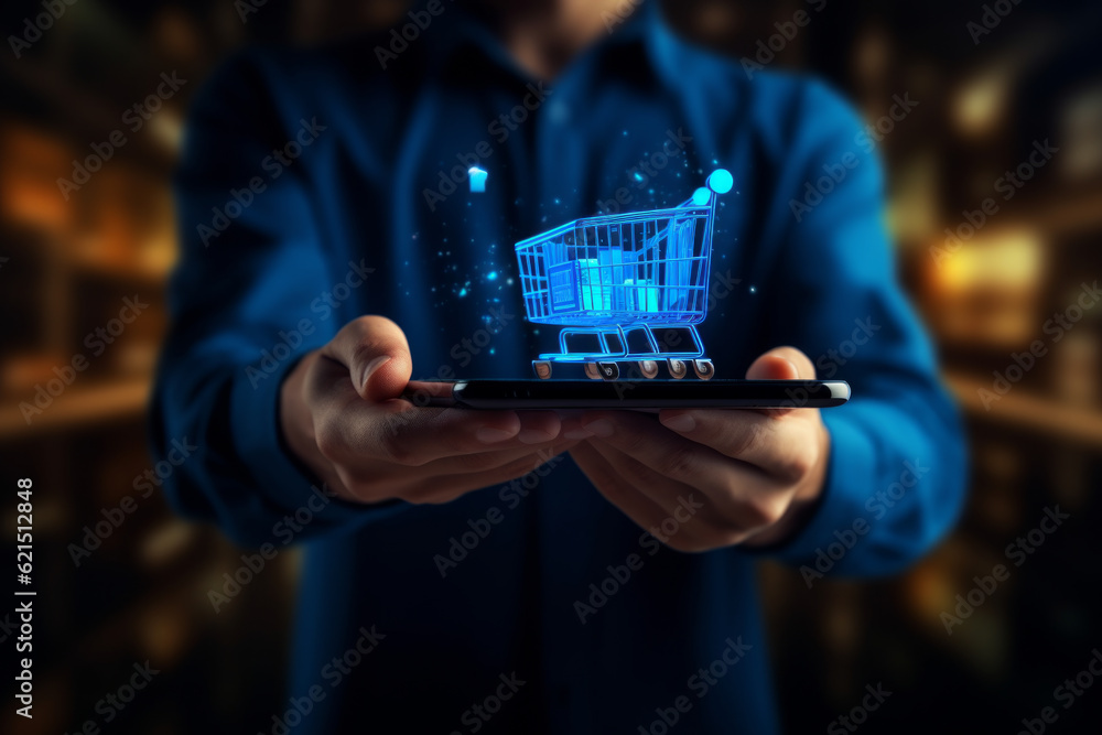 Poster man holding a mobile phone with an animation of a shopping cart. online use of apps for e-commerce. 