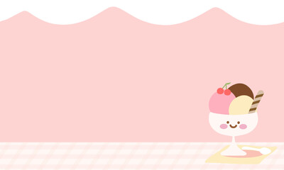 An adorable pink background featuring a table adorned with ice cream, all set in pastel tones.